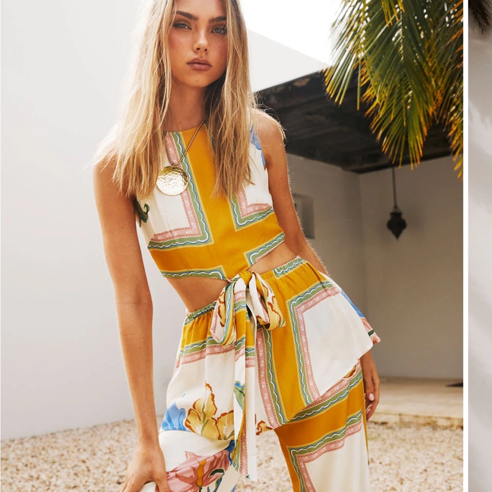 Sabo Skirt Mustard & White Cutout Tie-Waist Jumpsuit